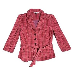 Diane Von Furstenberg Plaid Jacket Womens 4 Red Knit Tie Short Slim Fit Blazer